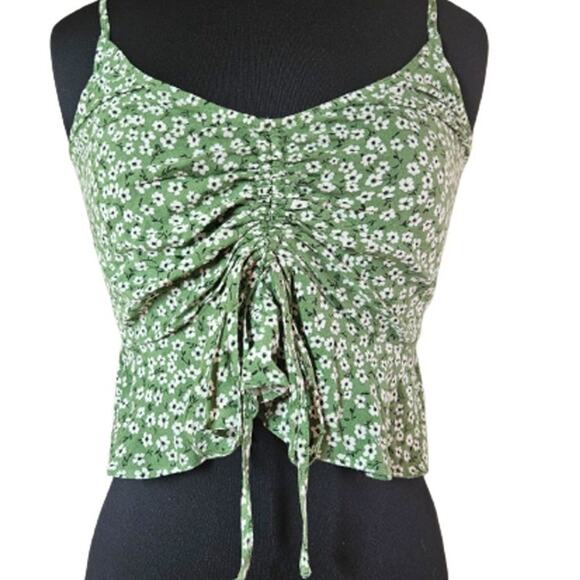 Green Floral Ruched Crop Top Size Medium - Picture 1 of 5